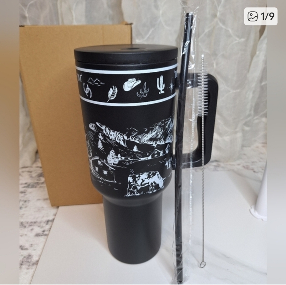 Western 40oz Black Insulated Travel Mug Tumbler with Handle Straw And Cleaner